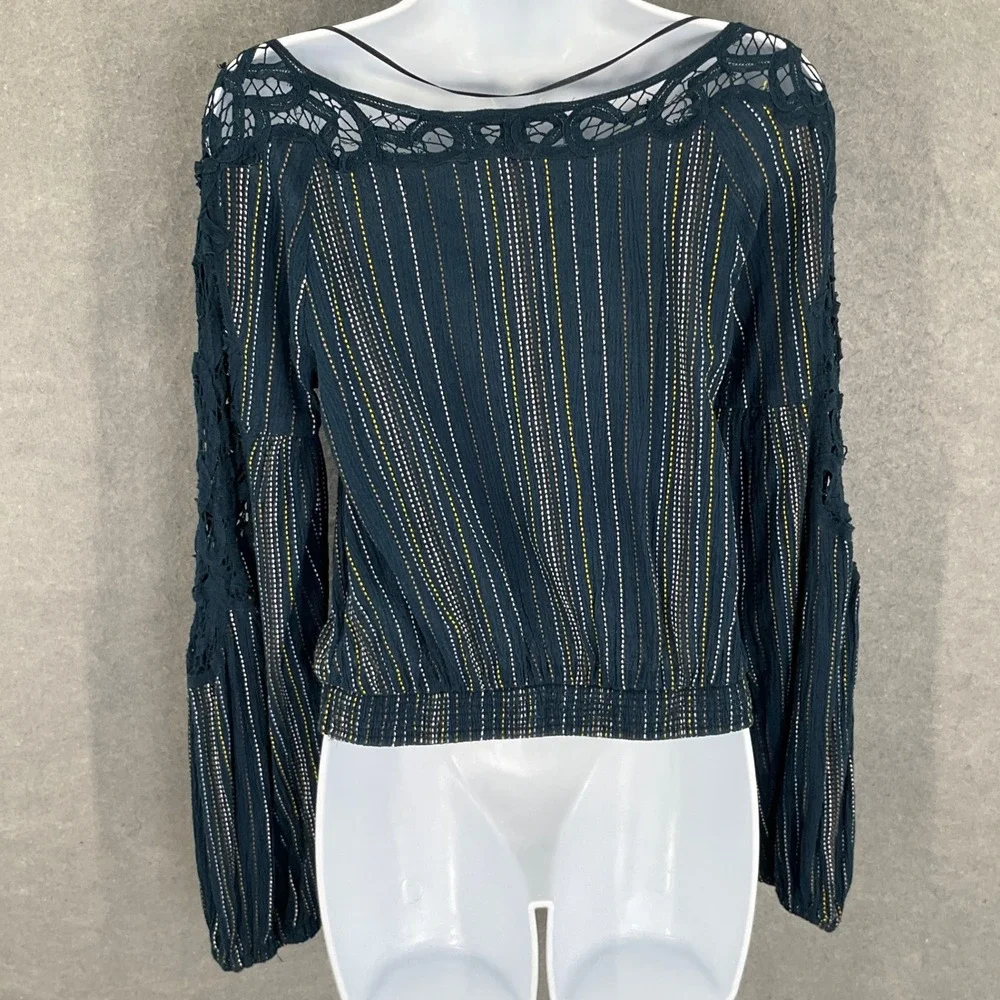 Free People Crochet Trim Striped Balloon Long Sleeve Embroidered Top‎ Boho XS